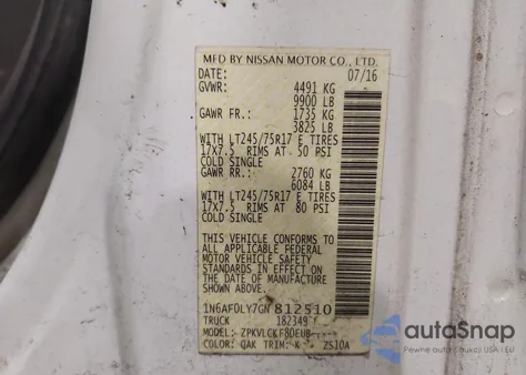 2016 Nissan Nv Cargo Nv3500 Hd S V8 z USA, uszkodzony, nr VIN 1N6AF0LY7GN812510